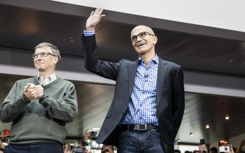 Microsoft CEO Satya Nadella, right, graduated from Chicago's Booth School of Business