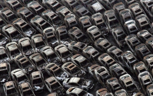 Cars swept away in the tsunami that followed the earthquake in Japan