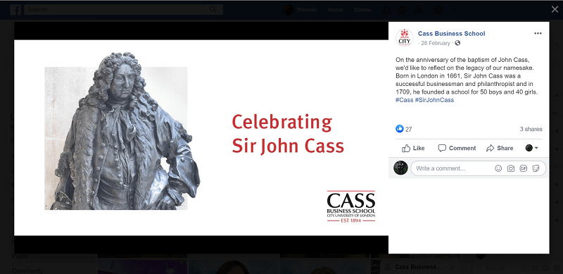 Cass post reflecting on the legacy of Sir John Cass