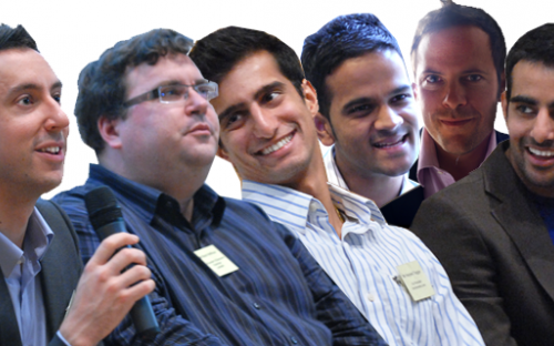 Dotcom darling Reid Hoffman (second from left) flanked by aspirants (from left) Bob Goodson, Kulveer Taggar, Rajeeb Dey, Dave Rosenheim and Harjeet Taggar