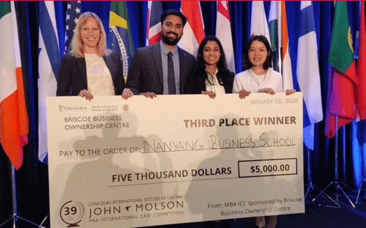 The Nanyang Business School case competition team (left to right): Julia-Adrienne Leuchtgens, Sai Krishnan Sundaram, Muthamma Ganesh Malanda, Lyla Wang, placed third at the John Molson School of Business International Case Competition © Nanyang Business School