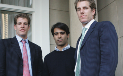Divya Narendra, center, with twins Tyler and Cameron Winklevoss. The trio successfully challenged Mark Zuckerberg over his claim to creating Facebook and are rumoured to be trying for a larger out-of-court settlement.