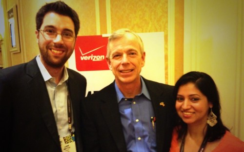 Divya Dhar, far right, and Lane Rettig, far left, with Verizon CEO and Chairman Lowell McAdam
