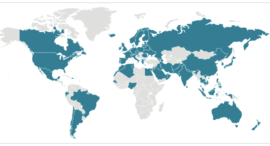 Locations with confirmed cases of coronavirus (March 4th 2020) by the World Health Organization (WHO). Most of these are in China.