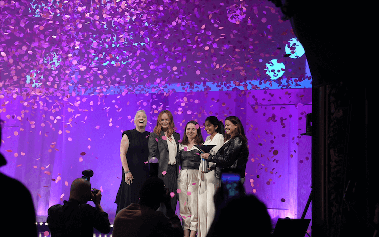 Winners of the 2023 Hult Prize, Banofi Leather, with Stella McCartney and Hult Prize Foundation CEO, Lori Van Dam