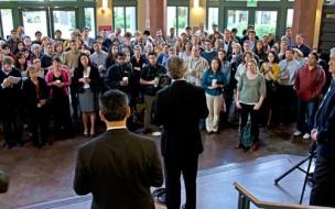 Business School Dean Richard Lyons addresses members of the Haas community