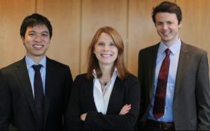 Meret, center, with fellow MBA team members Sang Luu, left, and Nicolas Tissot