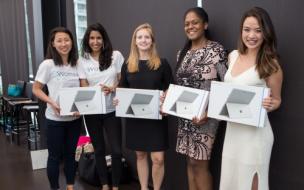 All smiles: Finalists from left to right, Sue Kim and Arshiya Fazal of 4Women (credit: Matt Hagen)