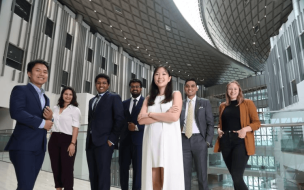 Choosing to study in Malaysia for an MBA will mean taking advantage of all that Southeast Asia has to offer. Pictured: 7 students inside campus building ©Asia School of Business