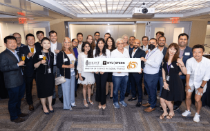 The Master in Finance hosted by HKUST and NYU Stern is aimed at experienced finance professionals - pictured: five students at a networking events